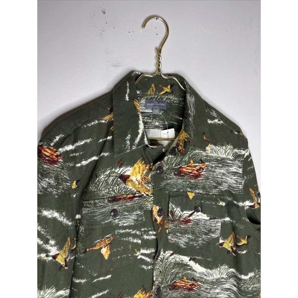 New LL Bean Slim Fit Green Duck Print Flannel Button Down Shirt Large L